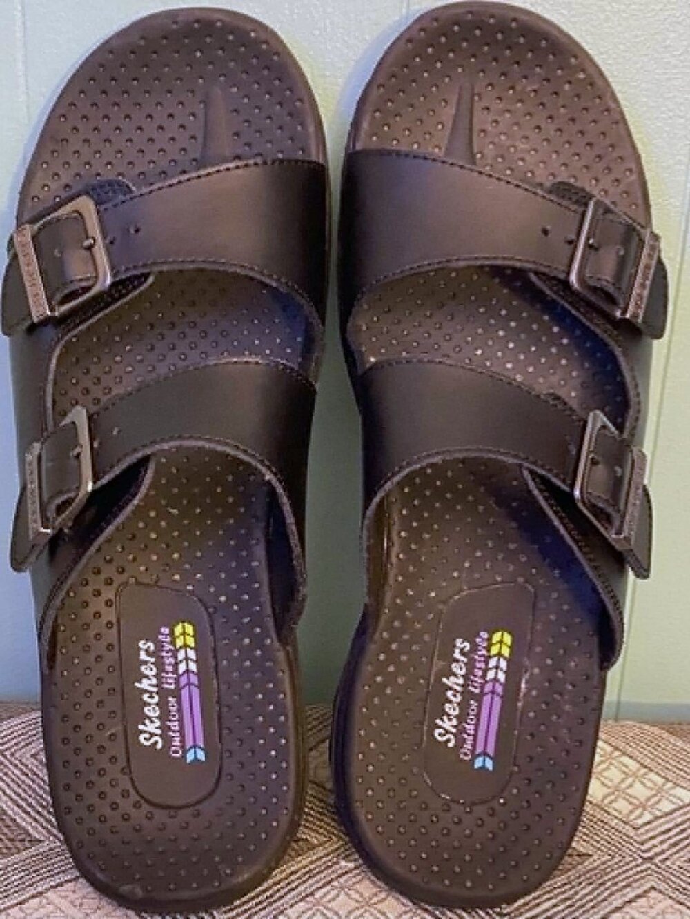 Skechers Outdoor Lifestyle Black Leather Double Strap Comfort Sandals Women's 11